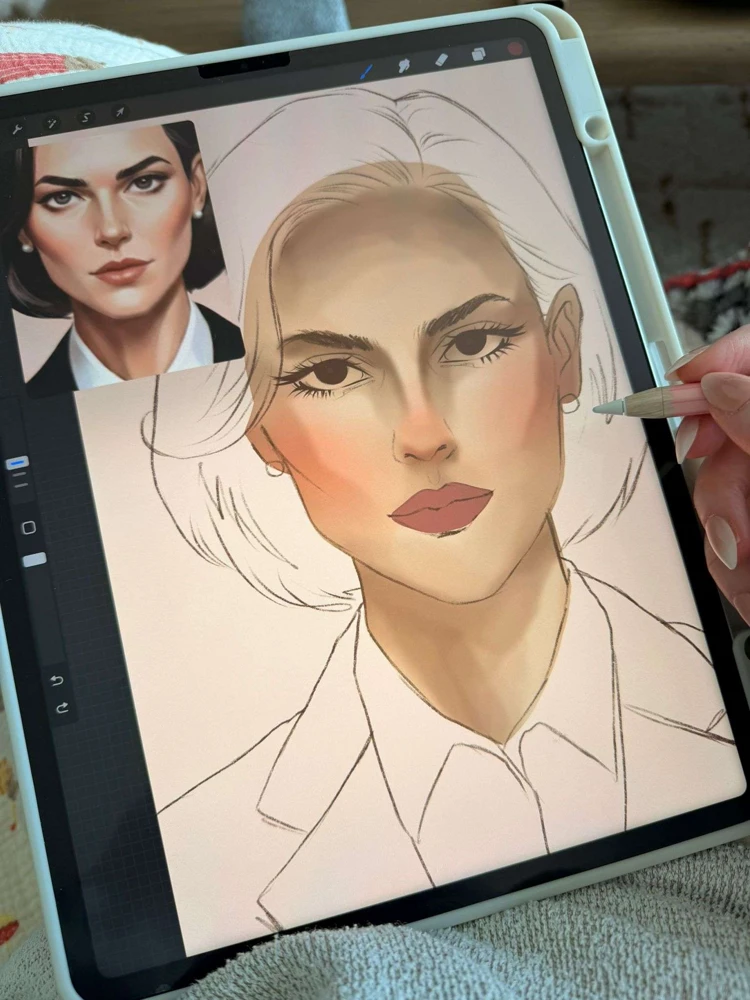 A female character portrait in progress on a drawing tablet