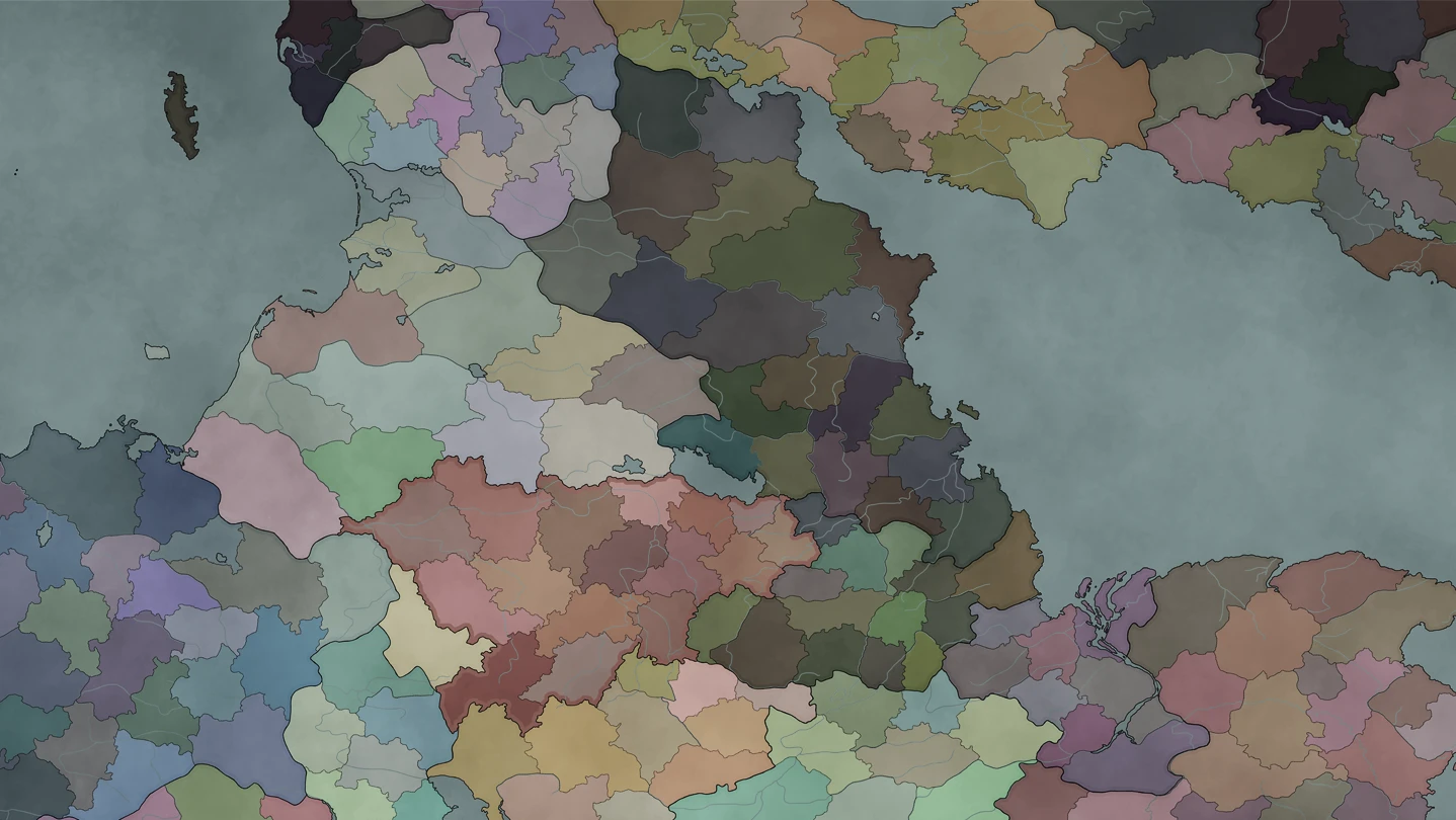 The fictional world map, divided into colored political territories