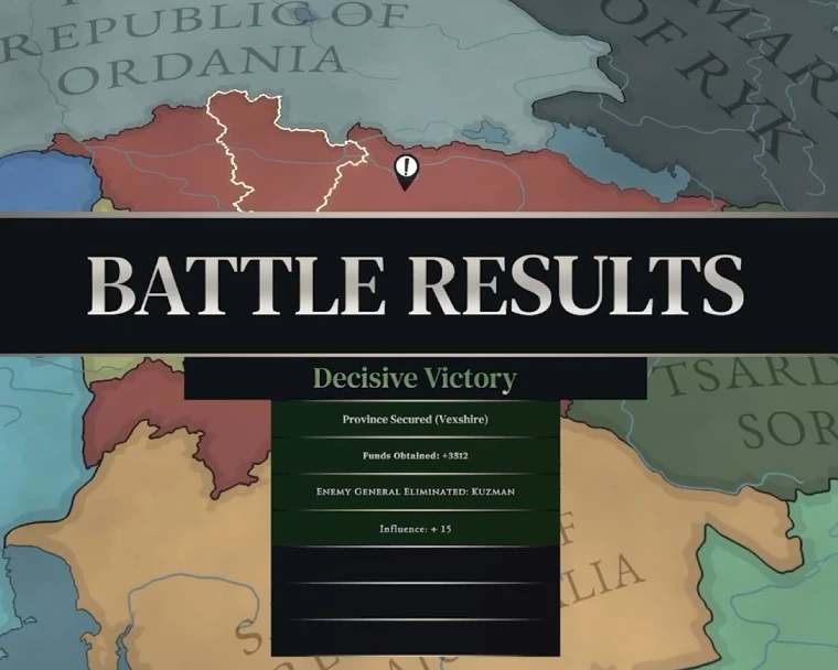 Battle results interface showing a decisive victory over the strategic map
