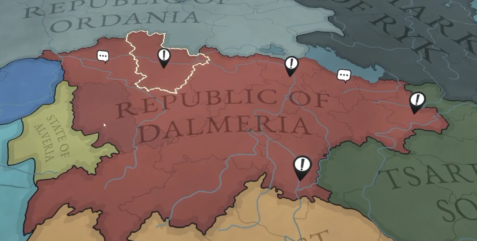 Political map centered on the Republic of Dalmeria, with regional boundaries and event markers