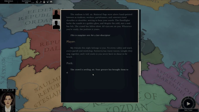 A political conversation and response choices displayed over the strategic map