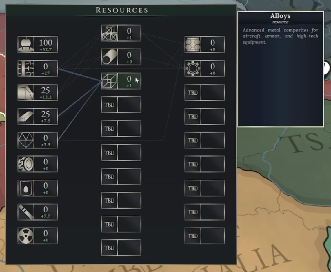 Resource-management interface showing resource quantities and an alloys description