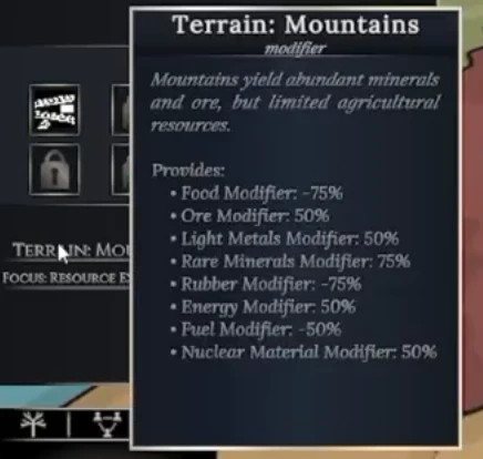 Mountain terrain tooltip listing its resource production modifiers